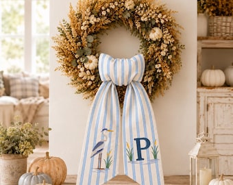 Personalized Heron Wreath Sash, Blue-Striped Monogram Coastal Farmhouse Front-Door Decoration, Custom Initial Seasonal Entryway Accent
