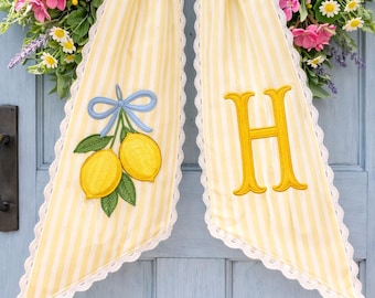 Personalized Embroidered Lemon Wreath Sash, Monogram Door Bow, Lemon Topiary Decor, Chinoiserie Front Door Decor, Summer Citrus Home Accent