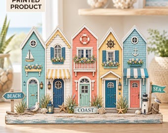 Coastal Beach House 2D Flat Wooden Block Decor Home, Seaside Cottage Decor, Nautical Summer Shelf Sitter, Ocean Vacation Home Gift
