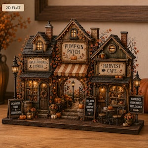 Fall Halloween Village 2D Flat Acrylic Plaque, Pumpkin Patch House Decor, Cozy Spooky Mantel Sign, Autumn Shelf Decor