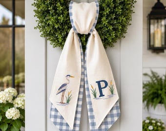 Personalized Wreath Sash, Blue Gingham Heron Monogram Wreath Bow, Coastal Front Door Decor, Custom Initial Door Sash, Housewarming Gift