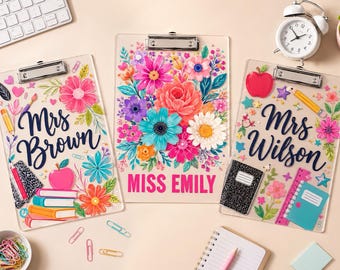 Personalized Florals Teacher Clipboard, Custom Name Acrylic Paper Clipboard, Back To School Gift, School Supplies