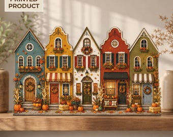Autumn Village 2D FLAT Wooden Block Decor Home, Fall Harvest House Shelf Sitter, Pumpkin Season Village, Rustic Thanksgiving Mantel Decor