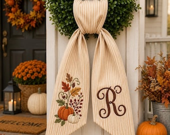 Personalized Fall Wreath Sash, Custom Embroidered Monogram Door Hanger Bow, Autumn Acorn Leaf Ribbon, Front Door Decor Gift