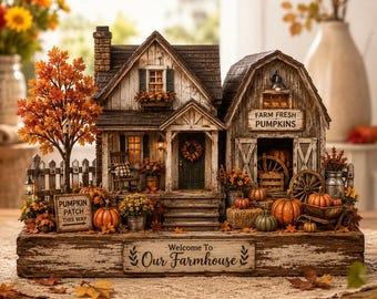 Fall Farmhouse 2D Flat Wooden Block, Rustic Pumpkin Patch House Sign, Harvest Season Home Decoration, Autumn Farmhouse Table Decor