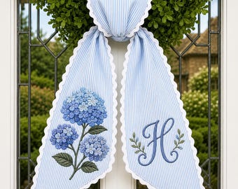Custom Embroidered Hydrangea Wreath Sash, Personalized Monogram Ticking Stripe Bow, Front Porch Wedding Decor