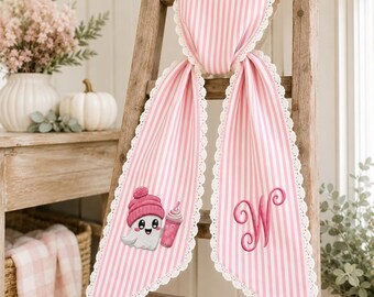 Personalized Breast Cancer Wreath Sash, In October We Wear Pink Decor, Pink Ghost Monogram Wreath Bow, Breast Cancer Awareness Gift