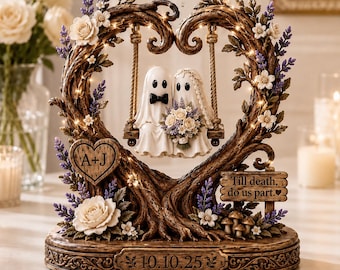 Personalized Ghost Couple 2D Flat Wooden Block, Spooky Bride Groom Keepsake, Halloween Wedding, Gothic Anniversary, till death do us part