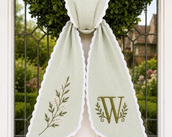 Custom Embroidered Magnolia Wreath Sash, Personalized Monogram Ticking Stripe Ribbon Bow, Floral Front Porch Wedding Decor