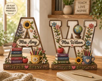 Custom Name Teacher Desk 2D Flat Wooden Block, Personalized Initial Teacher Name Wooden Sign, Back To School, Teacher Appreciation Gift