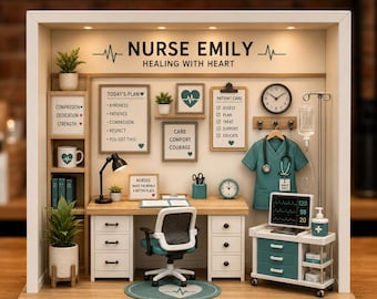 Personalized Nurse 2Đ Flat Wooden Block, Custom Nurse Office Diorama, Medical Desk Decor, Nurse Graduation Gift, Healing Heart Decor