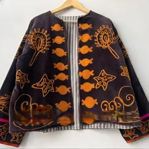 Indian Bohemian Statement Jacket | Colorful Embroidery Velvet Suzani Jacket | Boho Winter Coat | Gift For Her | Open front Jacket |