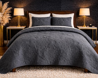 Grey Queen Quilt Set, Lightweight Bedspread, Soft Coverlet, Mandala Texture, All Season Bedding