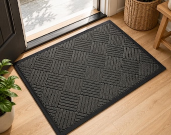 Waterproof Indoor Outdoor Doormat, Non Slip Front Door Mat, Rubber Backed Entry Rug, Dirt Trapper, All Weather Gray Mat