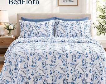 Blue Floral Queen Sheet Set, Botanical Bedding in Blue and White