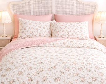 Pink Floral Quilt Queen, Cottagecore Bedding, Reversible Lightweight Bedspread, Vintage Flower Coverlet
