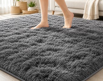 Grey Area Rug for Living Room, Soft Fluffy Shag Carpet, Machine Washable Bedroom Rug, Plush Nursery Decor, Kids Room Floor Covering