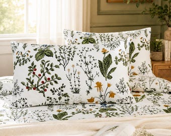 King Size Botanical Pillowcases Set of 2, Vintage Green Floral Cotton Pillow Covers, Cottagecore Bedding, Soft Breathable Pillow Shams