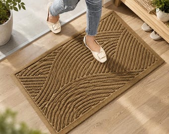 Geometric Entryway Rug 29x17, Non Slip Welcome Rug, Absorbent Indoor Outdoor Floor Runner, Low Profile Mud Trapper, Beige Entrance Decor