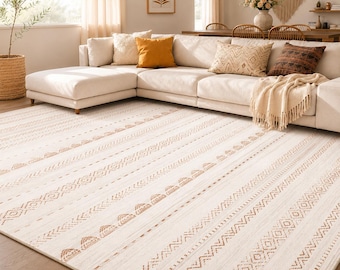 Washable Boho Area Rug, Neutral Moroccan Farmhouse Rug, Large Cream Living Room Rug, Bedroom Floor Decor