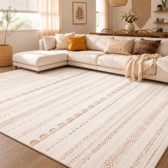 Washable Boho Area Rug, Neutral Moroccan Farmhouse Rug, Large Cream Living Room Rug, Bedroom Floor Decor