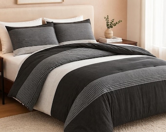 White Striped Queen Comforter Set, Lightweight Modern Minimalist Bedding, Soft All Season Quilt Set