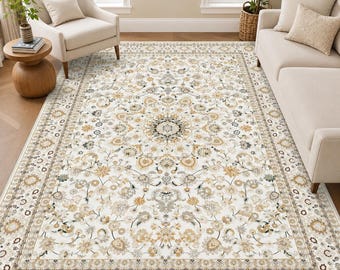 Washable Vintage Boho Area Rug 5x7, Beige Floral Living Room Rug, Non Slip Farmhouse Carpet, Soft Bedroom Dining Room Decor