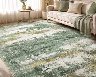 Washable Area Rug 5x7, Light Green Abstract Rug, Non Slip Living Room Rug, Modern Sage Green Bedroom Rug, Soft Floor Carpet