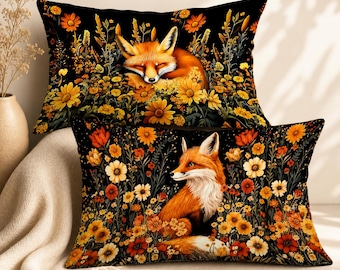 Fox Pillow Covers Set of 2 12x20, Floral Lumbar Pillow, Cottagecore Decor, Botanical Woodland Cushion Cover