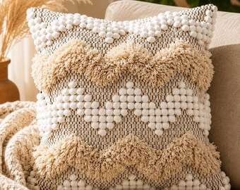 Boho Pillow Cover 18x18, Tufted Moroccan Accent, Neutral Farmhouse Decor, Textured Woven Cotton, Scandinavian Style