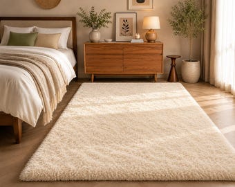 Ivory Shag Area Rug 4x6, Fluffy Non Slip Bedroom Rug, Soft Plush Living Room Carpet, Nursery Rug, Kids Room Floor Decor