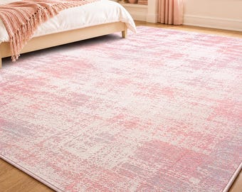 Washable Area Rug 5x7, Pink Grey Abstract Design, Non Slip Carpet, Modern Living Room Decor, Soft Bedroom Rug, Nursery & Entryway Accent