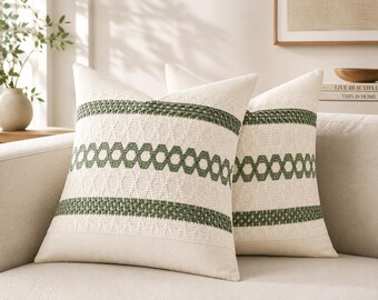 Sage Green Boho Pillow Covers Set of 2, 18x18 Woven Cotton Cushions, Farmhouse Couch Decor, Rustic Living Room Accent