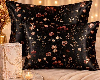 Mulberry Silk Pillowcase Set of 2, Silk Pillow Cover 20x26, Black Floral Pillowcase, Hair and Skin Silk Pillow, Luxury Bedding