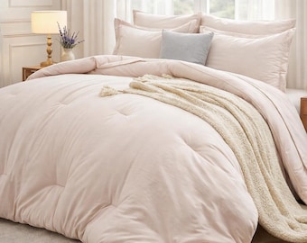 Queen Comforter Set 7 Piece Beige Bedding Set, Bed in a Bag Queen Size, Soft Microfiber Comforter, All Season Bedding