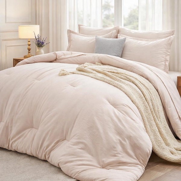 7 Piece Queen Comforter Set, Beige Microfiber Bedding, All Season Bed in a Bag
