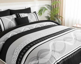 Black Queen Comforter Set, Boho Striped Microfiber Bedding, All Season Decor
