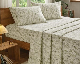 Queen Botanical Bed Sheet Set, Olive Green Floral Leaf Print, Deep Pocket Fitted Sheet