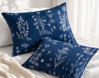 Navy Blue Botanical Pillow Shams Set of 2, Floral Pillow Covers 20x26, Cottagecore Bedding, Decorative Bed Pillow Covers