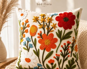 Embroidered Floral Pillow 18x18, Boho Throw Cushion, Botanical Flower Accent, Cottagecore Home Decor, Sofa Sham