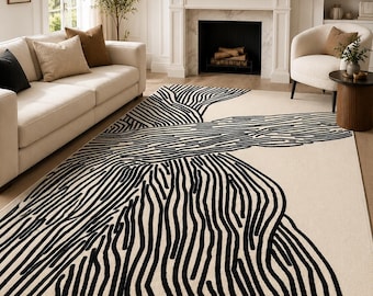 Abstract Washable Area Rug, Black White Striped Rug, Modern Living Room Decor, Contemporary Bedroom Rug, Minimalist Floor Carpet