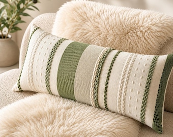 Sage Green Boho Lumbar Pillow Cover 14x36, Textured Farmhouse Cushion Cover, Neutral Woven Throw Pillow for Couch Sofa Bed Decor