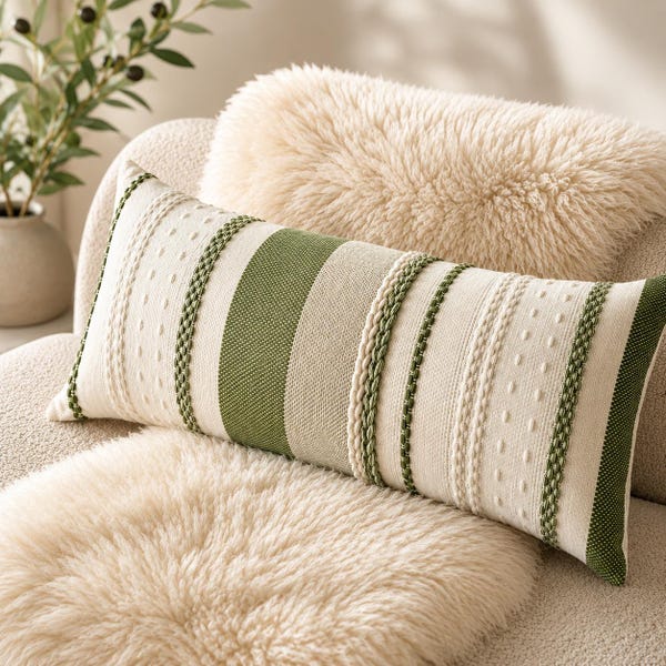 Sage Green Boho Lumbar Pillow Cover 14x36, Textured Farmhouse Cushion Cover, Neutral Woven Throw Pillow for Couch Sofa Bed Decor