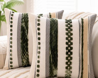 Boho Throw Pillow Covers Set of 2, Dark Green Chenille Cushion Covers 18x18, Farmhouse Accent Pillows, Neutral Sofa Couch Bed Decor