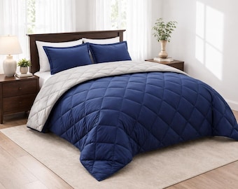 Navy Blue Reversible Queen Comforter Set – All-Season Bedding with Shams
