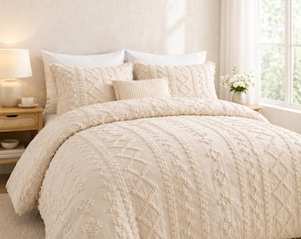 Beige Comforter Queen, Tufted Jacquard, Boho Farmhouse Bedding, Neutral