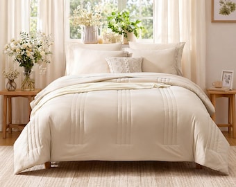Beige Comforter Queen, 7 Piece Bed in a Bag, Neutral Boho Bedding, All Season