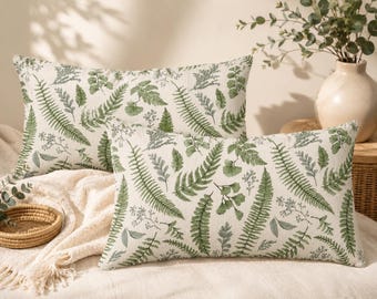 Sage Green Botanical Pillow Covers Set of 2, Fern Leaf Cushion Covers 12x20, Cottagecore Farmhouse Sofa Decor