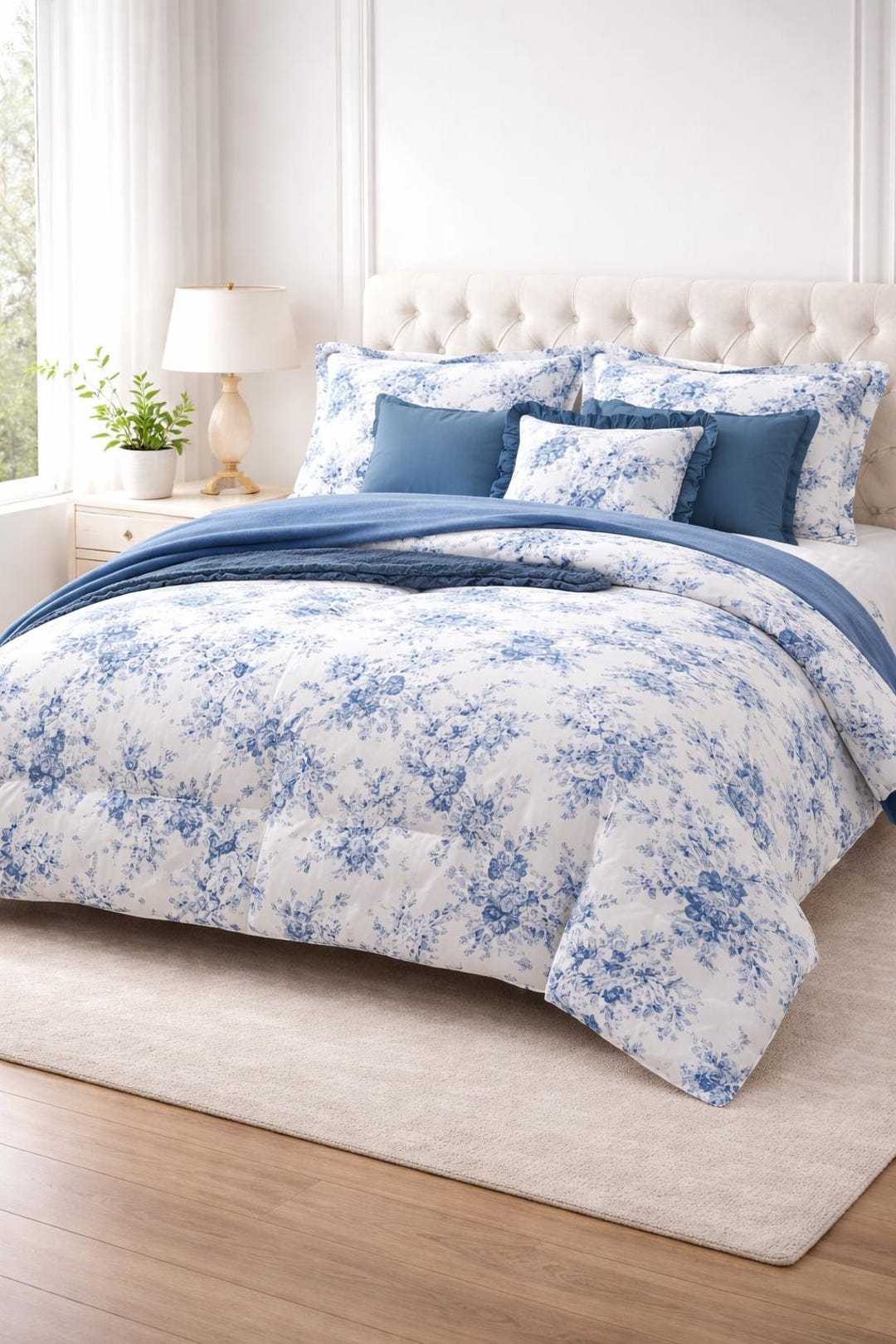 Blue Floral Comforter Queen, Cottagecore Bedding, 7 Piece Bed in a Bag ...