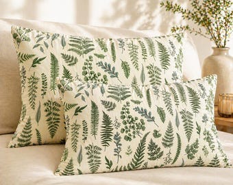 Botanical Green Leaf Satin Pillowcases, Soft Standard Size Set, Hidden Zipper Bedding